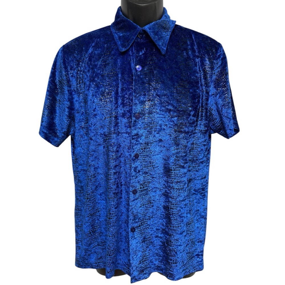 Pop Icon Clothing Men’s Large Blue Black Shiny Y2K Button Shirt